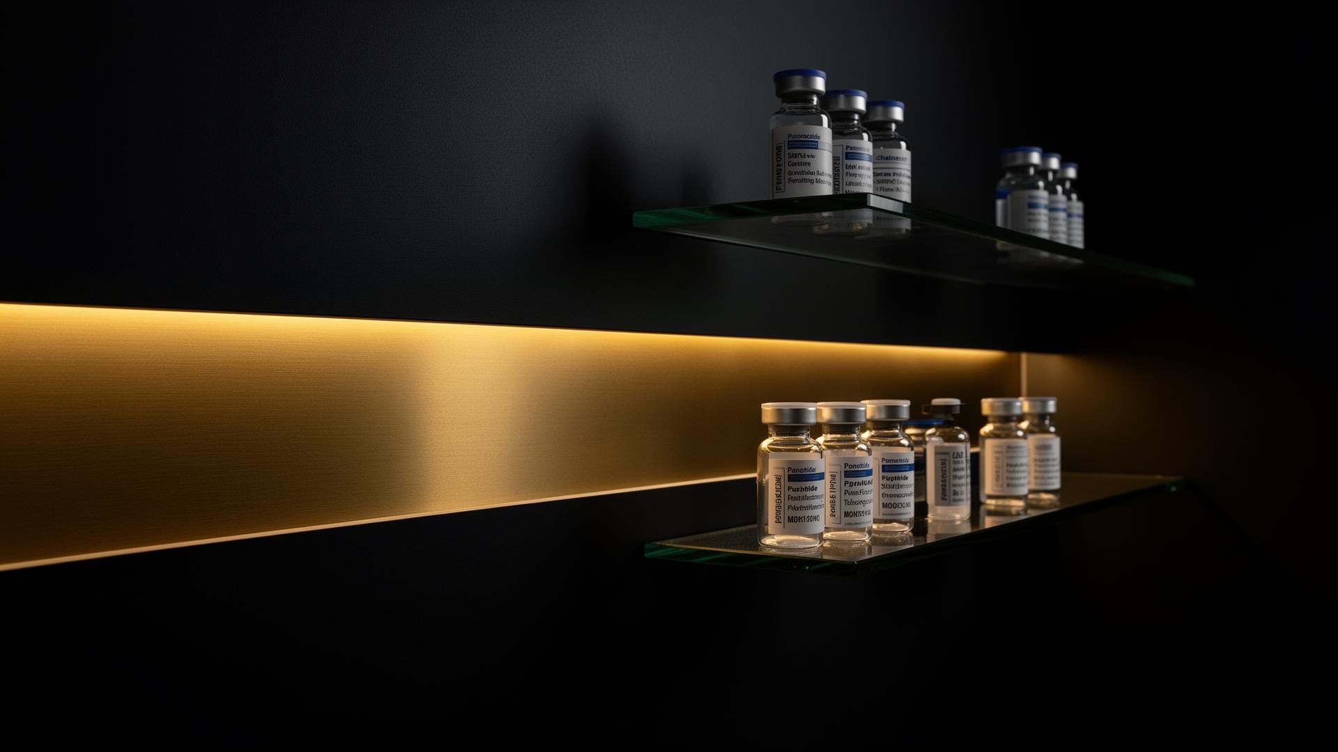 Laboratoriumteam van Peptidewinkel beoordeelt research peptiden onder een gouden accentlicht